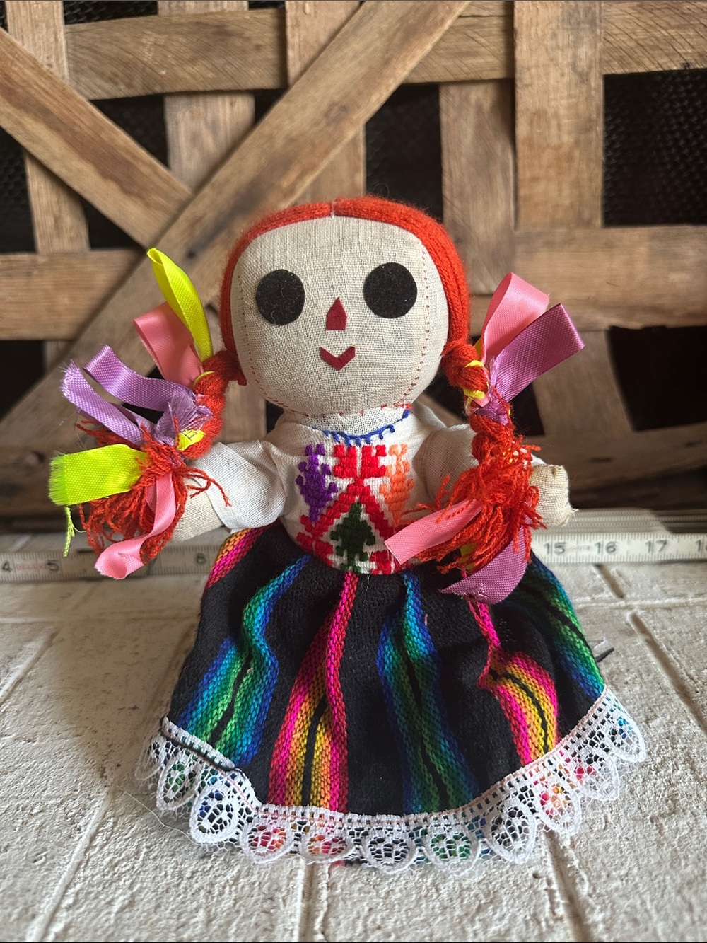 Vintage Handmade  9 Inch Mexican Folk Art Rag Doll Traditional Dress Colorful